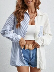 SHEIN Frenchy 條紋印花落肩袖襯衫 - 藍白色 - 查看 4