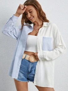 SHEIN Frenchy 條紋印花落肩袖襯衫 - 藍白色 - 查看 5