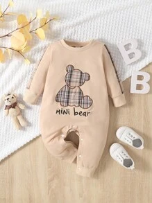 SHEIN 男嬰秋天和冬天可愛小熊刺繡連身褲 - 卡其色 - 查看 1