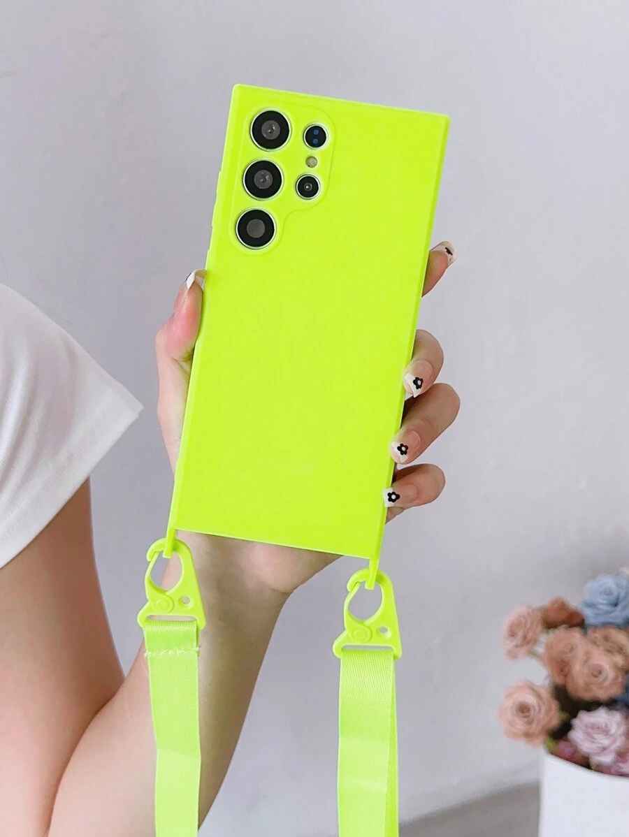 1pc Vỏ điện thoại chống rơi trơn có dây buộc - Màu xanh chanh - Xem 1
