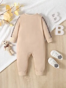 SHEIN 男嬰秋天和冬天可愛小熊刺繡連身褲 - 卡其色 - 查看 2