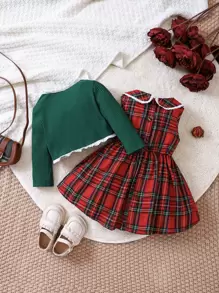 SHEIN 女嬰格子呢圖案連衣裙&前蝴蝶結夾克 - 彩色 - 查看 2