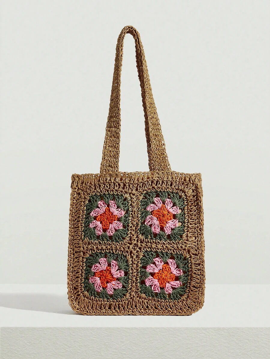 SHEIN VCAY Túi Rơm Họa Tiết Hoa Kỳ Nghỉ - Lạc đà - Xem 1