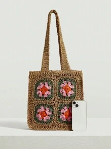 SHEIN VCAY Túi Rơm Họa Tiết Hoa Kỳ Nghỉ - Lạc đà - Xem 3