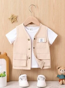 男嬰字母補丁細節翻蓋口袋夾克背心不帶T恤 - 杏色 - 查看 1