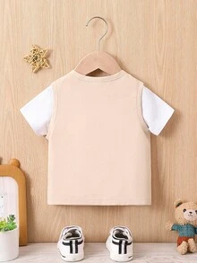 男嬰字母補丁細節翻蓋口袋夾克背心不帶T恤 - 杏色 - 查看 2