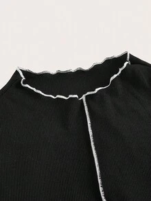 SHEIN ICON Top-stitching Asymmetrical Hem Crop Tee - Black - View 7