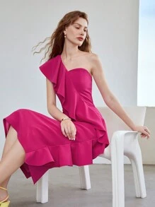 MOTF PREMIUM ONE SHOULDER RUFFLE DRESS - Hot Pink - View 3