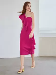 MOTF PREMIUM ONE SHOULDER RUFFLE DRESS - Hot Pink - View 2