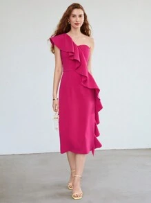 MOTF PREMIUM ONE SHOULDER RUFFLE DRESS - Hot Pink - View 4