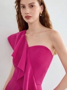 MOTF PREMIUM ONE SHOULDER RUFFLE DRESS - Hot Pink - View 6