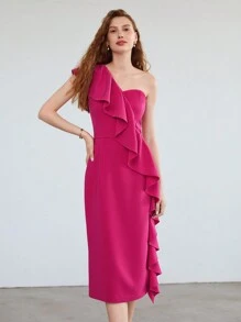MOTF PREMIUM ONE SHOULDER RUFFLE DRESS - Hot Pink - View 7