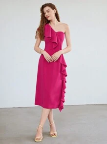MOTF PREMIUM ONE SHOULDER RUFFLE DRESS - Hot Pink - View 8