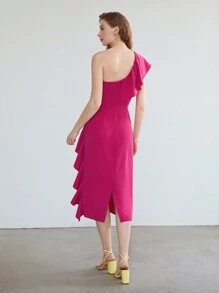 MOTF PREMIUM ONE SHOULDER RUFFLE DRESS - Hot Pink - View 9