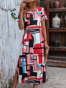 EMERY ROSE 幾何印花下擺開叉連衣裙 - 彩色 - 查看 1