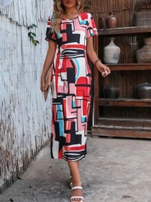 EMERY ROSE 幾何印花下擺開叉連衣裙 - 彩色 - 查看 3