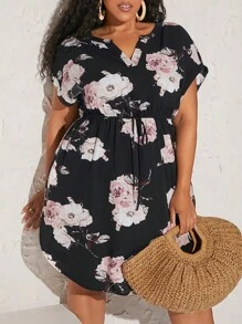 SHEIN CURVE+ Đầm Plus Size Thắt nơ trước Hoa Boho - Nhiều màu - Xem 1
