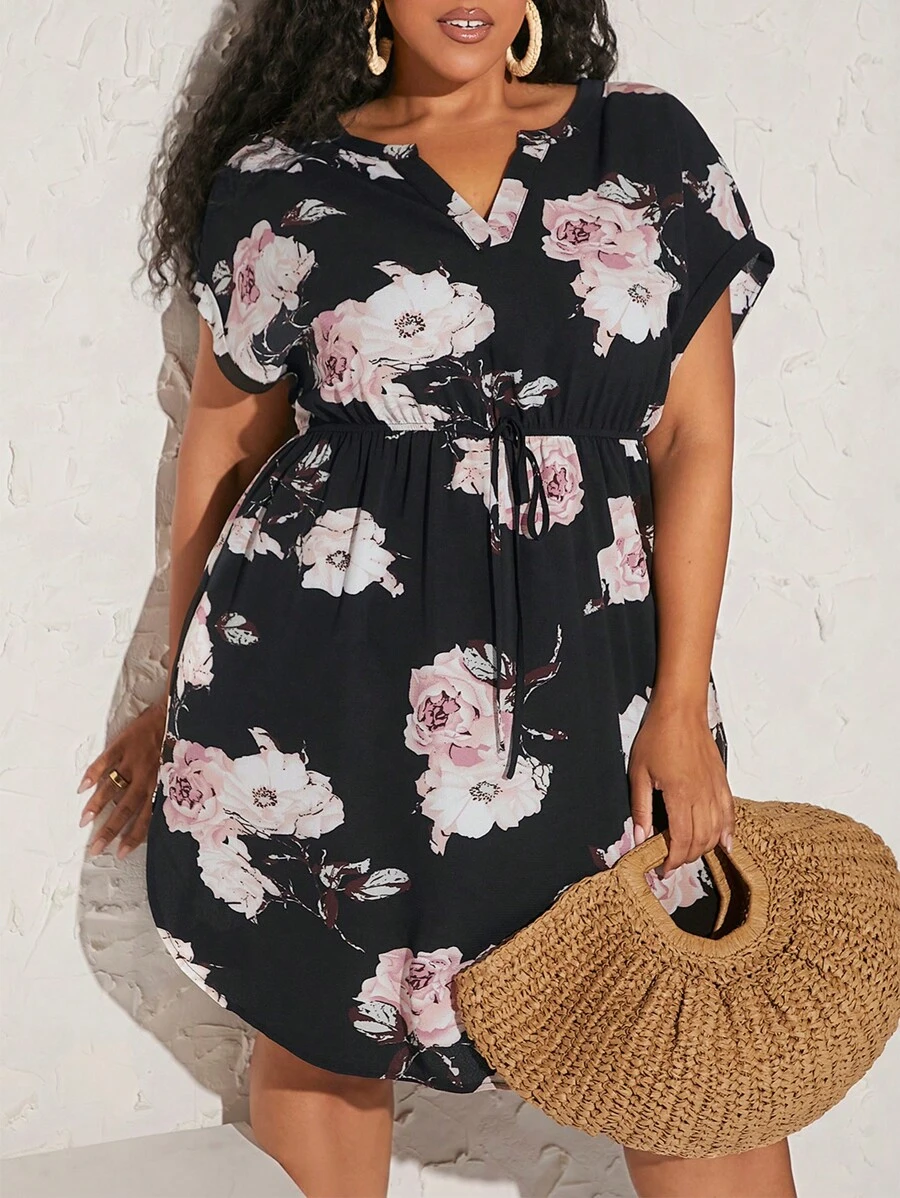 SHEIN CURVE+ Đầm Plus Size Thắt nơ trước Hoa Boho - Nhiều màu - Xem 1