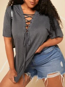 SHEIN CURVE+ Plus Lace Up Front Tee - Dark Grey - View 1