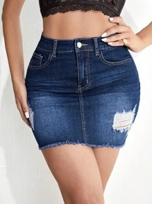 SHEIN Essnce Bleach Wash Ripped Frayed Raw Hem Denim Skirt - Medium Wash - View 1