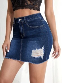 SHEIN Essnce Bleach Wash Ripped Frayed Raw Hem Denim Skirt - Medium Wash - View 3