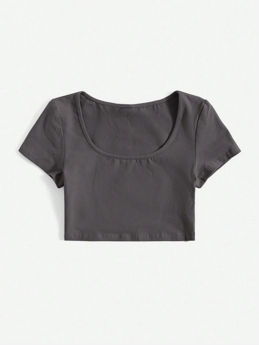 SHEIN BASICS Solid Scoop Neck Crop Tee - Dark Grey - View 1