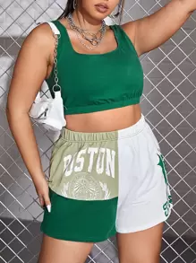 Plus Solid Crop Tank Top & Letter Graphic Shorts - Multicolor - View 1