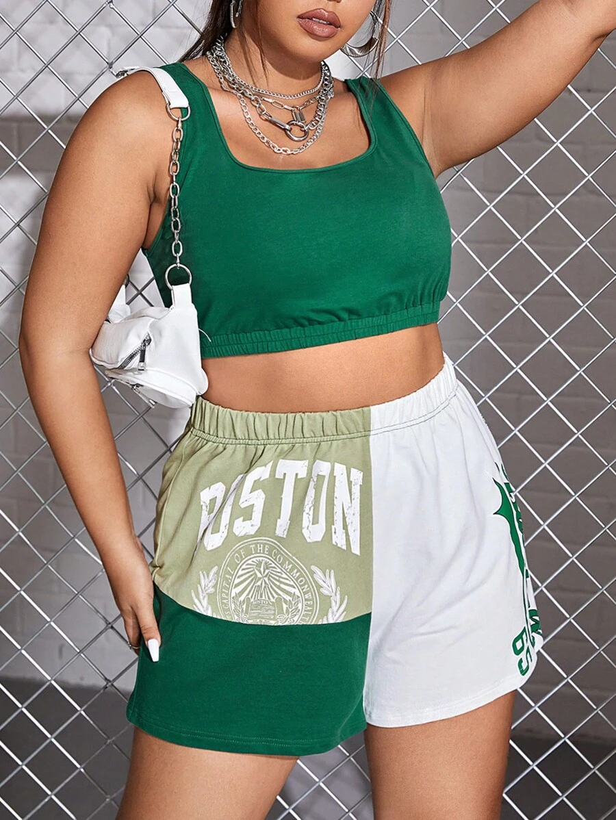 Plus Solid Crop Tank Top & Letter Graphic Shorts - Multicolor - View 1
