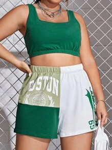 Plus Solid Crop Tank Top & Letter Graphic Shorts - Multicolor - View 5