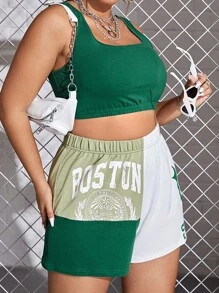 Plus Solid Crop Tank Top & Letter Graphic Shorts - Multicolor - View 6