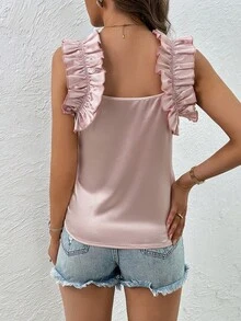 SHEIN Privé 荷葉邊緞面寬背帶上衣 - 淺粉色 - 查看 3