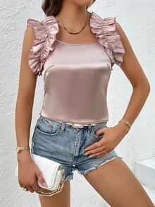SHEIN Privé 荷葉邊緞面寬背帶上衣 - 淺粉色 - 查看 5