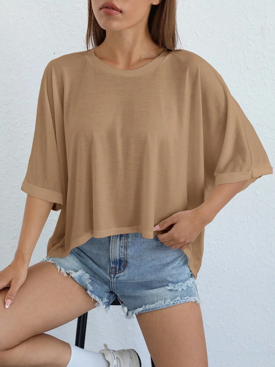 SHEIN EZwear 素色蝙蝠袖T恤 - 駝色 - 查看 1