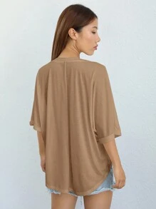 SHEIN EZwear 素色蝙蝠袖T恤 - 駝色 - 查看 2