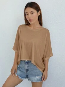 SHEIN EZwear 素色蝙蝠袖T恤 - 駝色 - 查看 3
