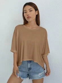SHEIN EZwear 素色蝙蝠袖T恤 - 駝色 - 查看 5