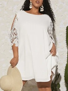 SHEIN CURVE+ 大碼拼接水溶蕾絲挖肩連衣裙 - 白色 - 查看 1