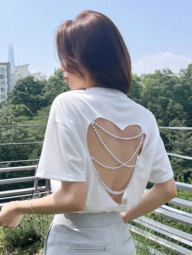 Faux Pearls Beaded Cut Out Backless Tee,Halter Top