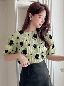 DAZY 印花泡泡袖襯衫 - 綠色 - 查看 1