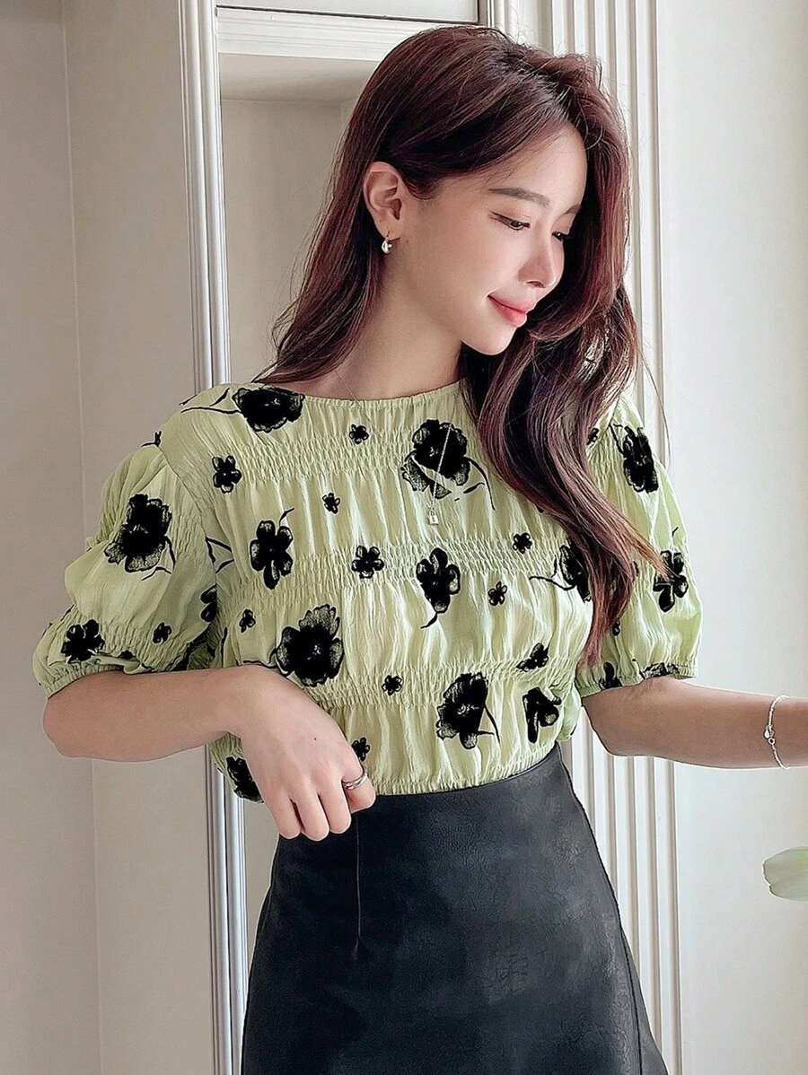 DAZY 印花泡泡袖襯衫 - 綠色 - 查看 1