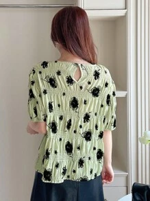 DAZY 印花泡泡袖襯衫 - 綠色 - 查看 2