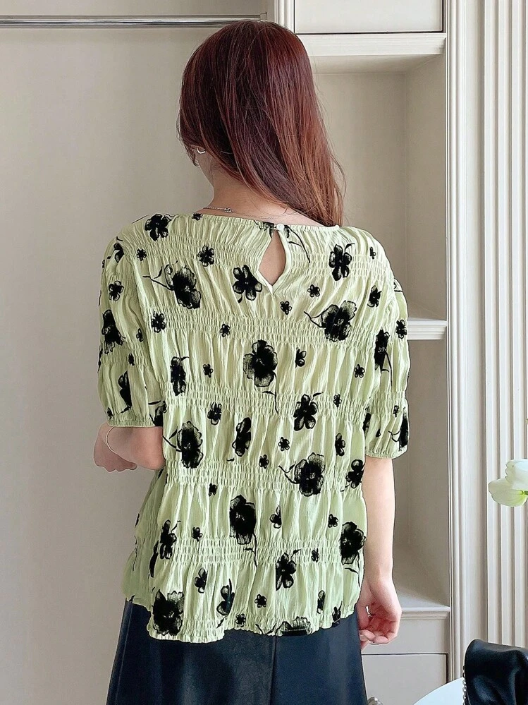 DAZY Blouse Imprimé Floral Manches Bouffantes - Vert - Voir 2