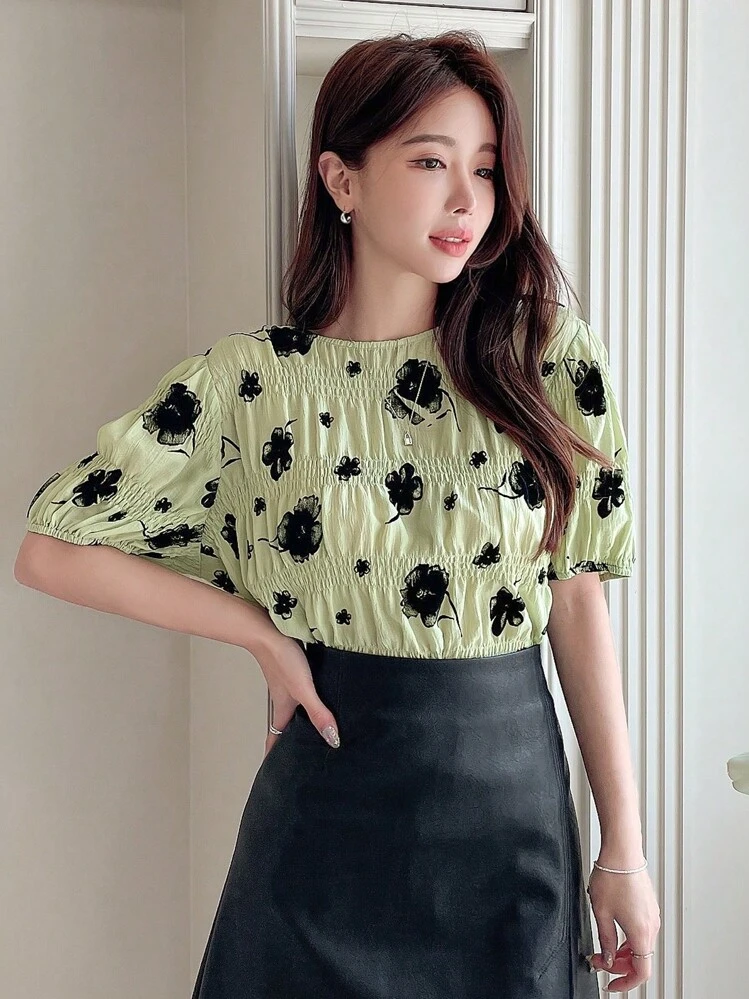DAZY Blouse Imprimé Floral Manches Bouffantes - Vert - Voir 4