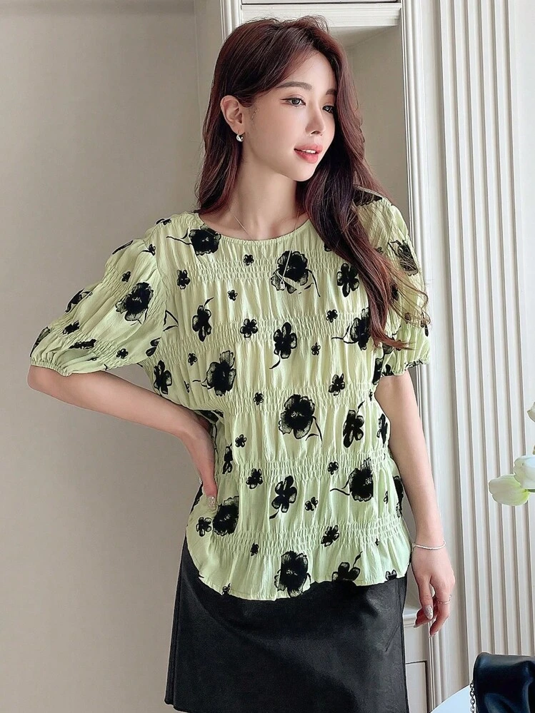 DAZY Blouse Imprimé Floral Manches Bouffantes - Vert - Voir 7