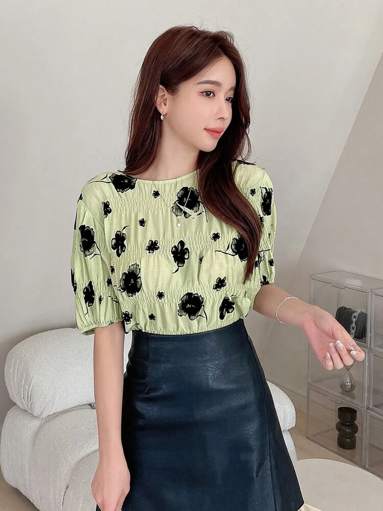 DAZY Blouse Imprimé Floral Manches Bouffantes - Vert - Voir 8