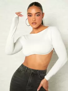 SHEIN BAE Solid Backless Crop Top - White - View 1