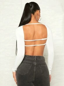 SHEIN BAE Solid Backless Crop Top - White - View 2