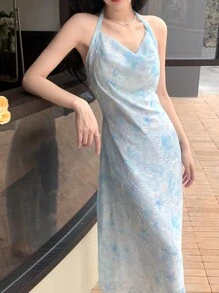 DAZY Đầm Vắt Buộc lại Hoa Tất cả trên in Thanh lịch - Màu xanh lam - Xem 1