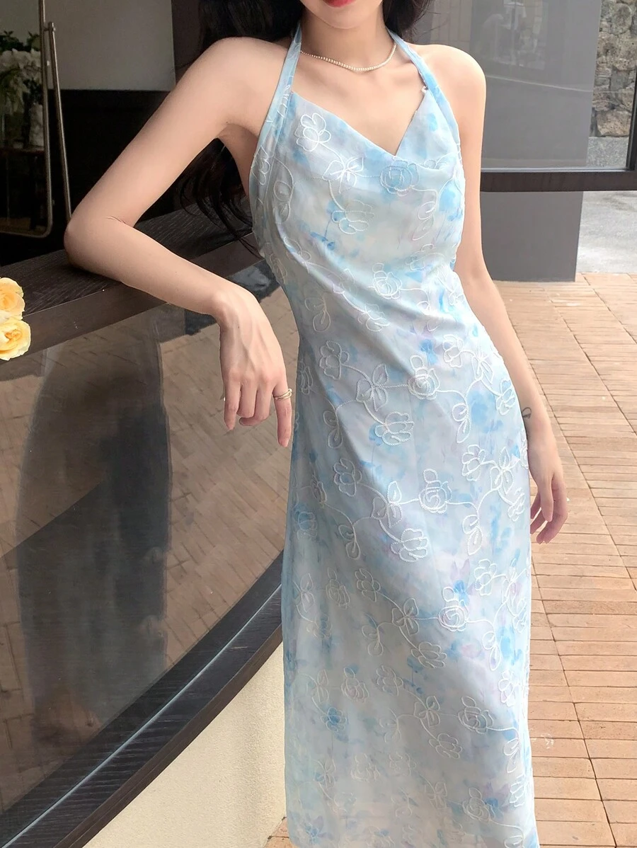 DAZY Đầm Vắt Buộc lại Hoa Tất cả trên in Thanh lịch - Màu xanh lam - Xem 1