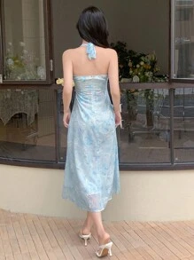 DAZY Đầm Vắt Buộc lại Hoa Tất cả trên in Thanh lịch - Màu xanh lam - Xem 2